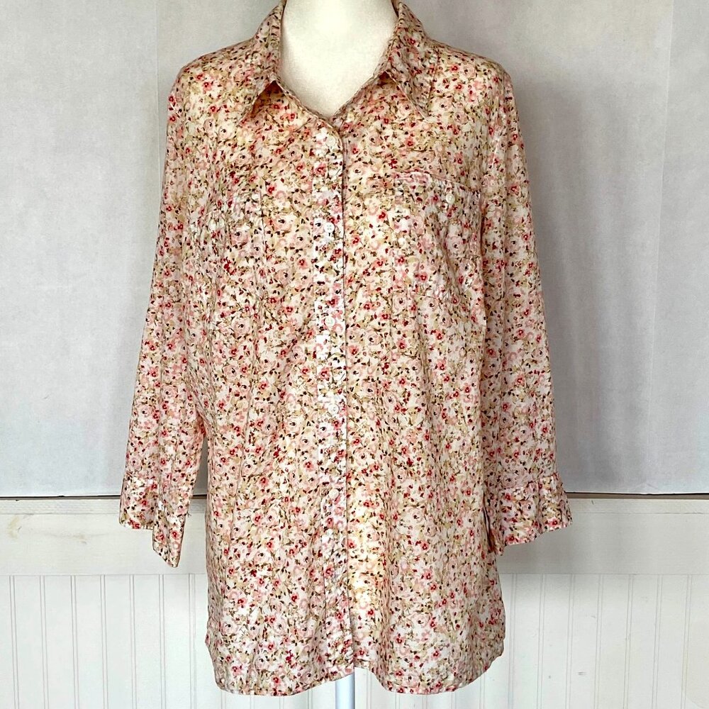 Cottage Core Pink Floral Cotton Button Down Top Women’s SZ L